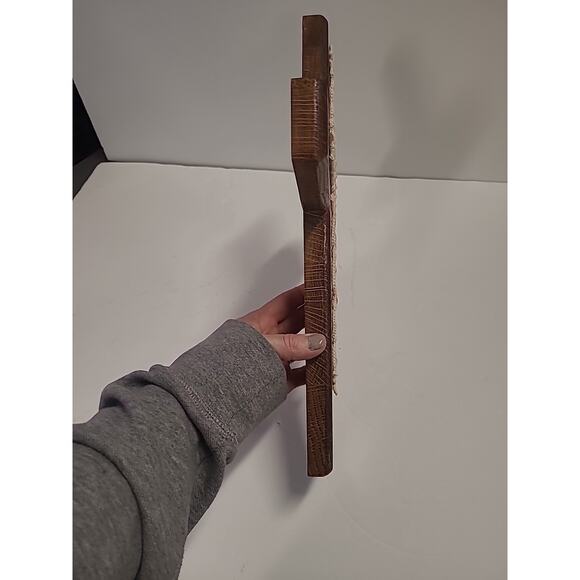 Wood Wall Cross Crucifix Oak Crochet 13" x 9" Hanging Decor Handmade Religious - Picture 9 of 13